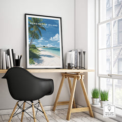 Honeymoon Island Travel Poster | Florida Beach Wall Art Print displayed in a modern workspace with coastal decor.
