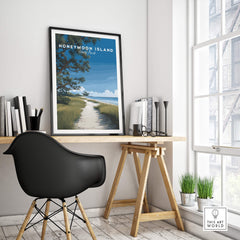 Honeymoon Island Wall Art Print | Florida Travel Poster displayed in a stylish home office setting.
