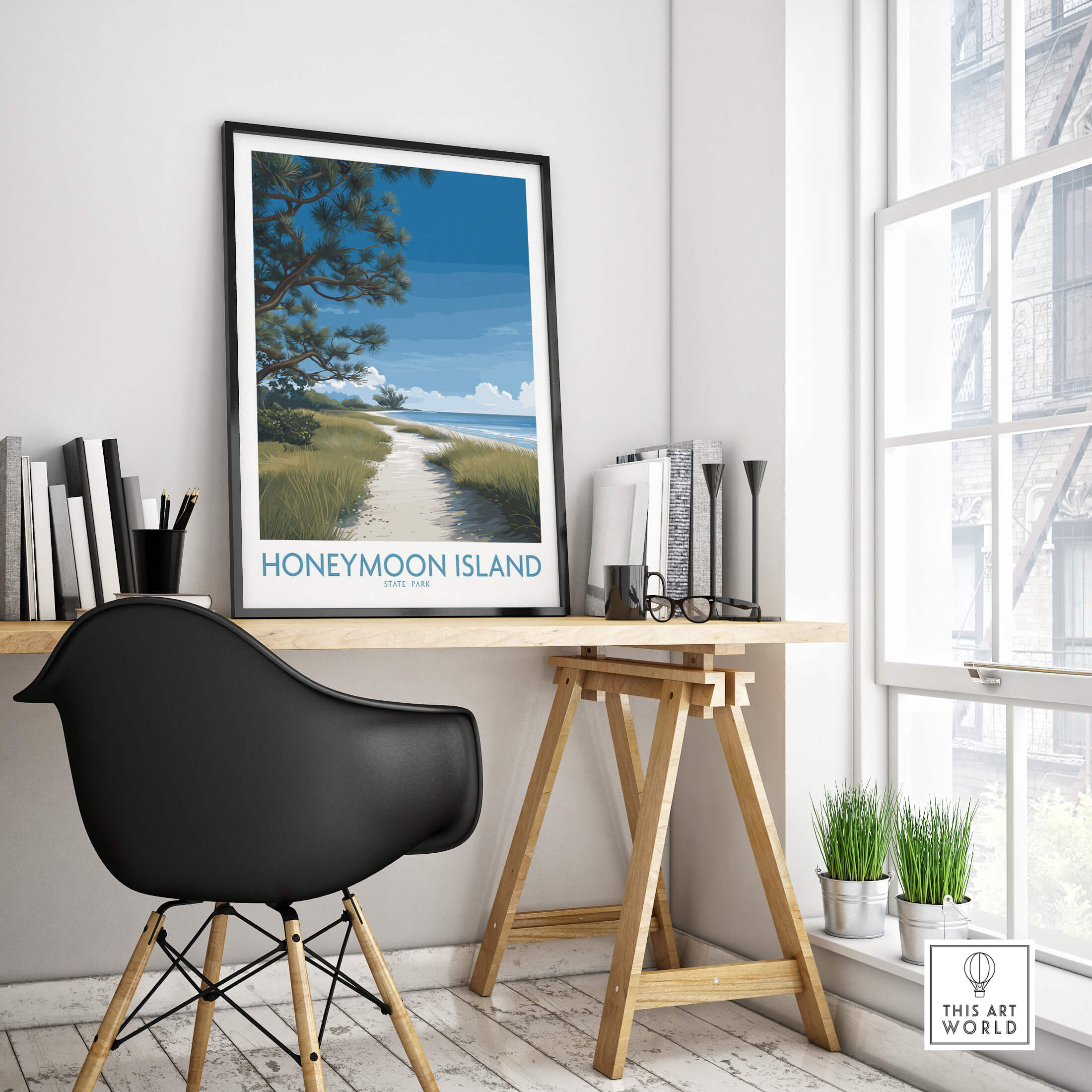 Honeymoon Island Florida Poster | Gulf Coast Landscape Canvas Print displayed in a modern office setting.