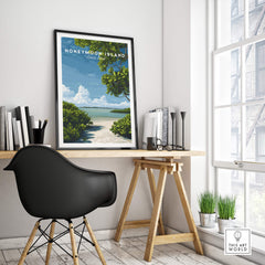 Honeymoon Island Florida Travel Poster | Mangrove Coast Wall Art Print displayed in a modern interior.