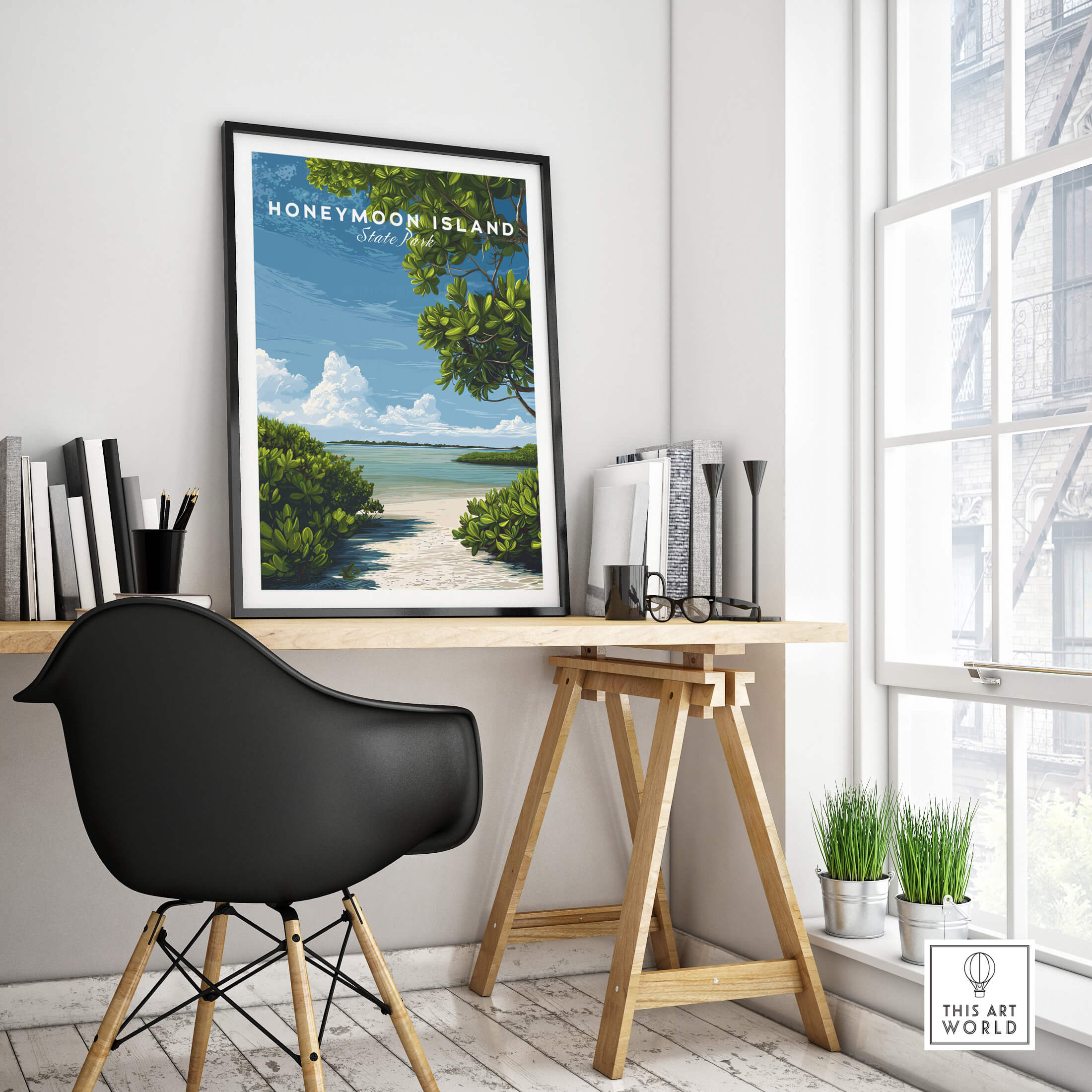Honeymoon Island Florida Travel Poster | Mangrove Coast Wall Art Print displayed in a modern interior.