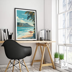 Honolulu Wall Art Print | Waikiki Beach Hawaii Travel Poster displayed in a stylish office setting.