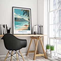 Honolulu Poster | Hawaii Surfing Canvas Print in a stylish interior setting with a beach view.