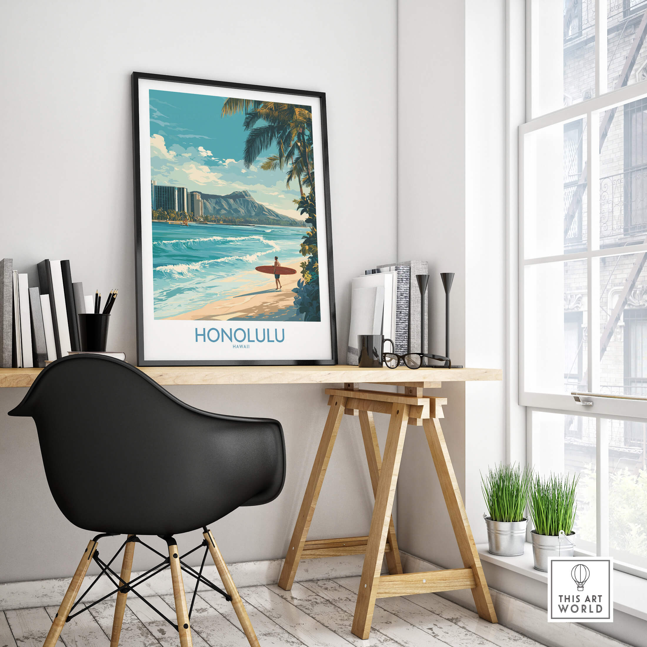 Honolulu Poster | Hawaii Surfing Canvas Print in a stylish interior setting with a beach view.