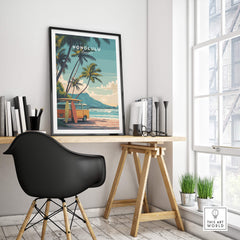 Honolulu Hawaii Travel Poster | Surf Van Beach Wall Art Print featuring a vintage surf van and palm trees in a coastal setting.