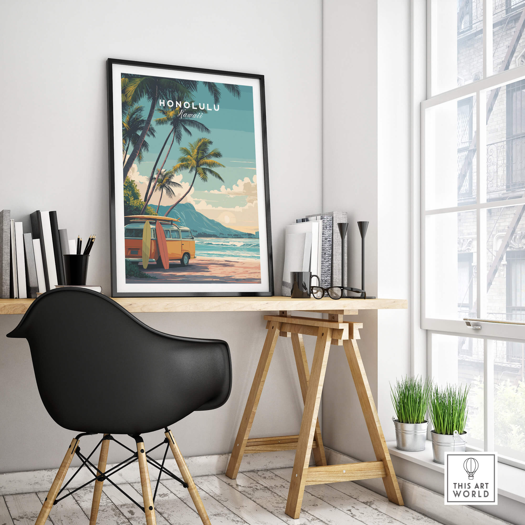 Honolulu Hawaii Travel Poster | Surf Van Beach Wall Art Print featuring a vintage surf van and palm trees in a coastal setting.