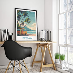 Honolulu Hawaii Poster | Vintage Aloha Style Canvas Print framed on a wall in a modern workspace with tropical scenery.