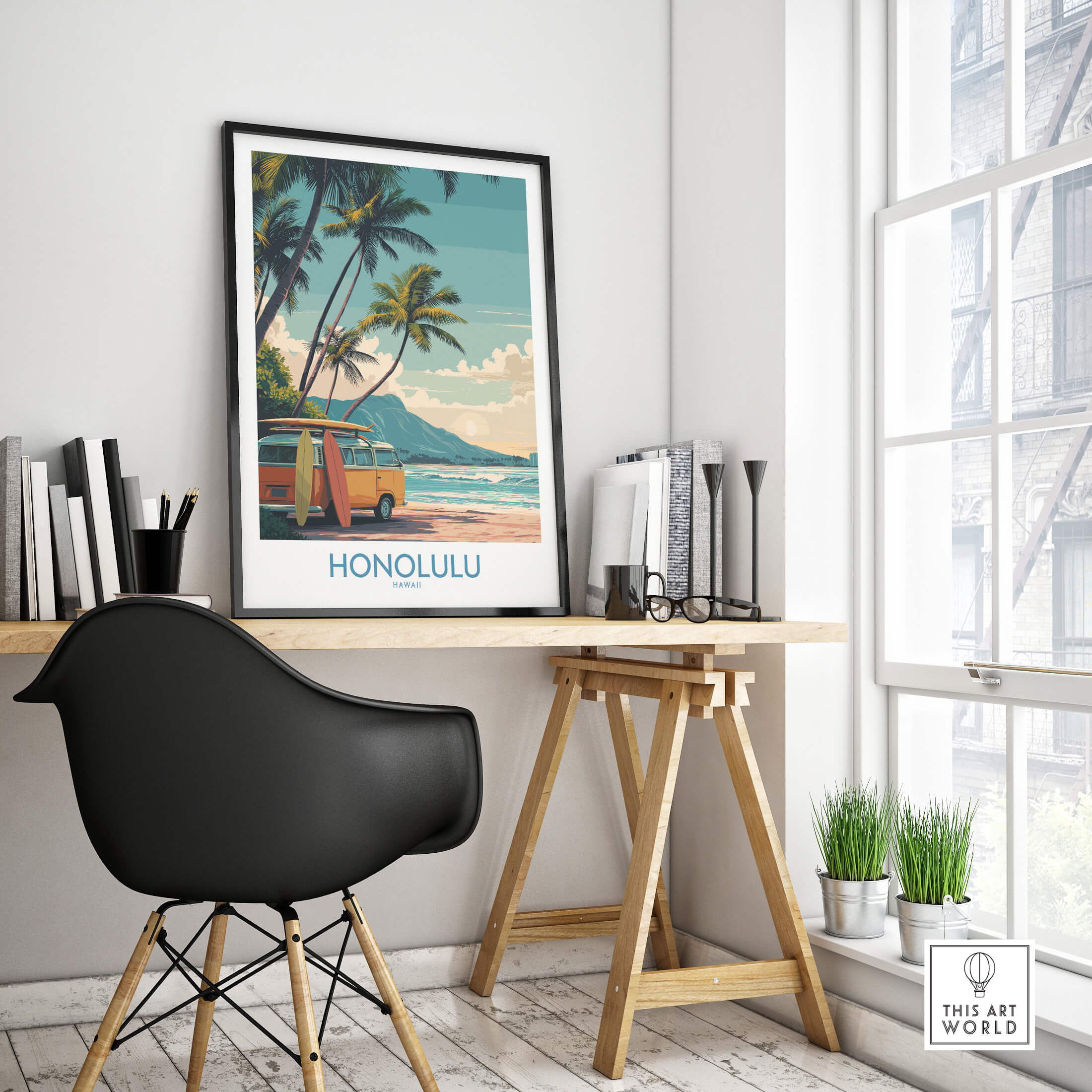 Honolulu Hawaii Poster | Vintage Aloha Style Canvas Print framed on a wall in a modern workspace with tropical scenery.
