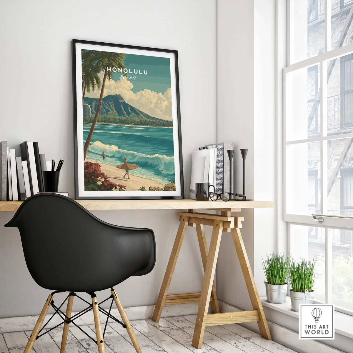 Honolulu Hawaii Wall Art Print | Waikiki Beach Surf Travel Poster displayed in a stylish interior with a desk and chair.