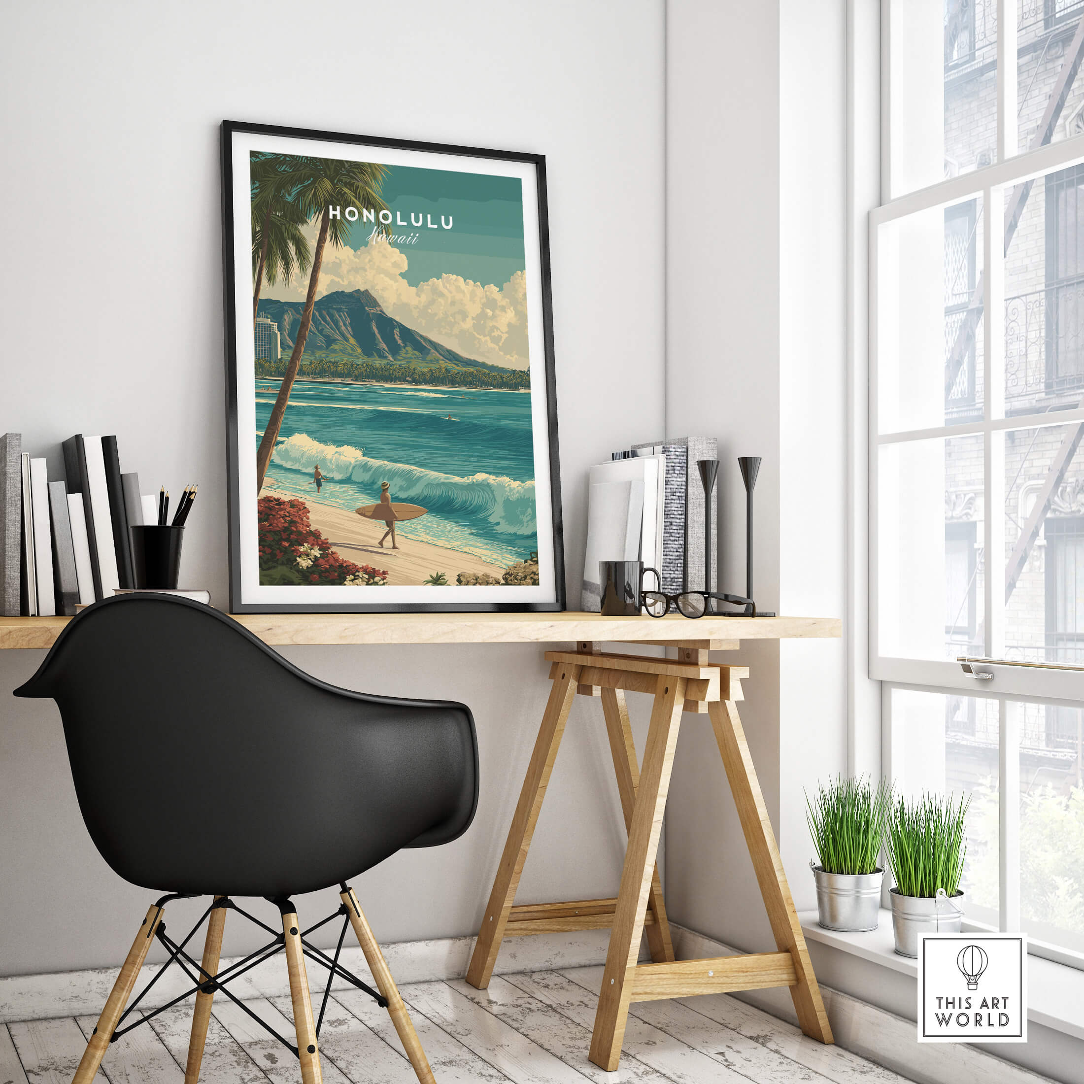 Honolulu Hawaii Wall Art Print | Waikiki Beach Surf Travel Poster displayed in a stylish interior with a desk and chair.