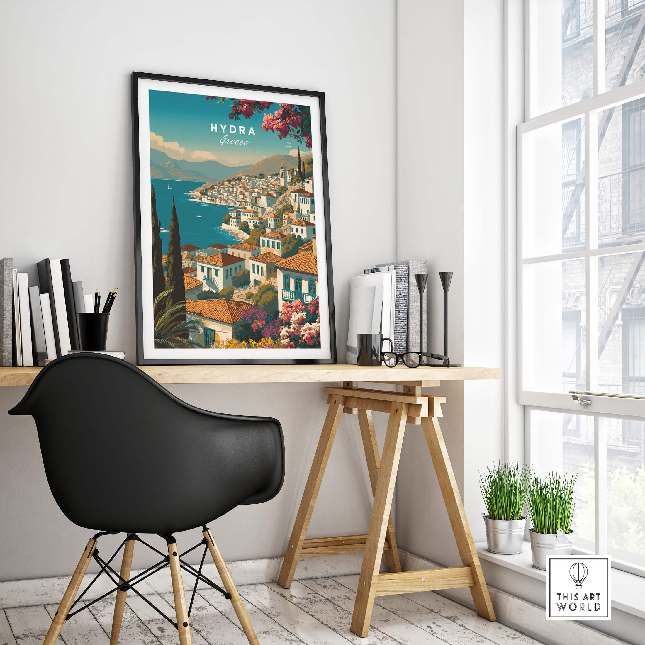 Hydra Greece Wall Art Print | Mediterranean Coastal Town Travel Poster in a stylish modern workspace.