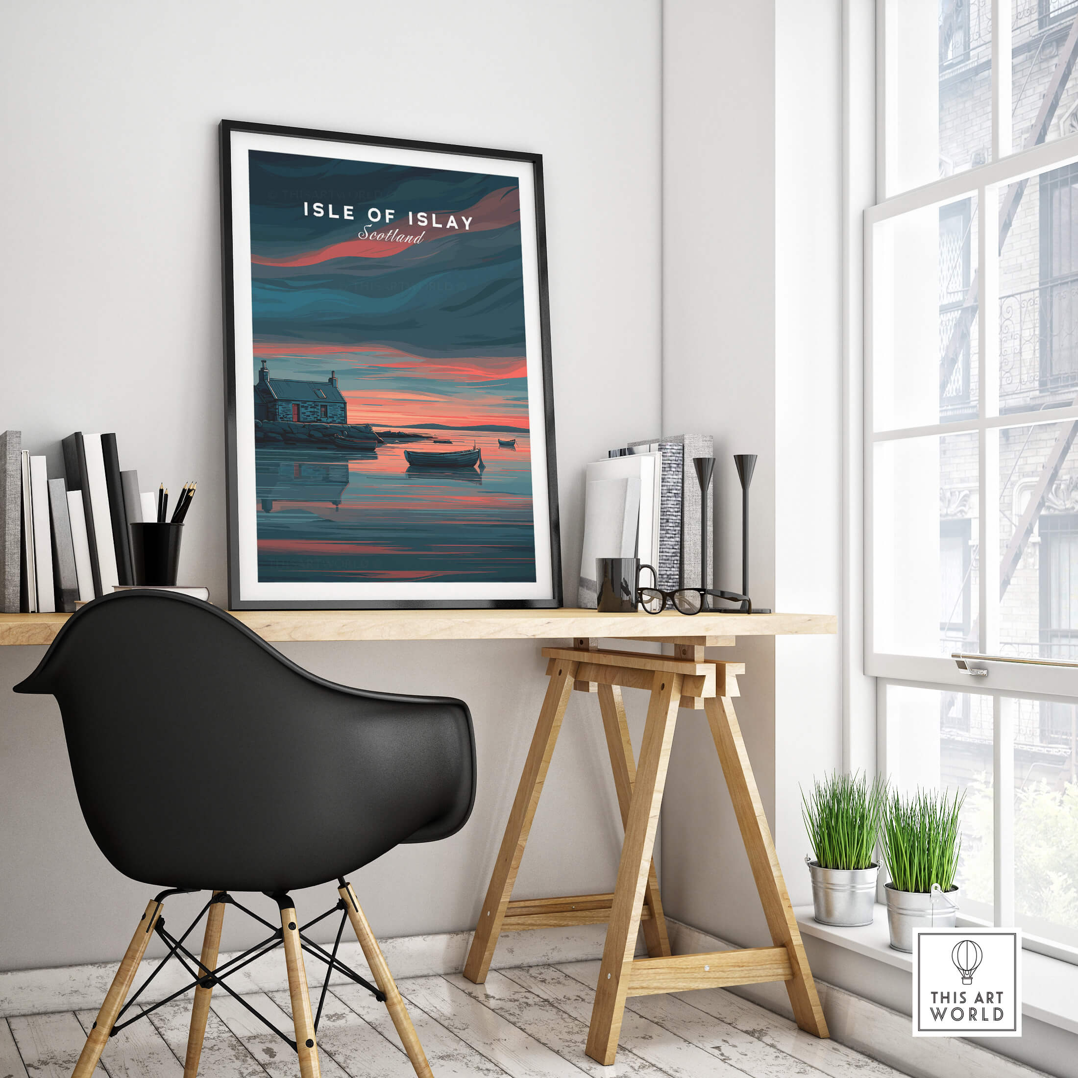 Isle of Islay Scotland Travel Posters | Highland Coastal House Wall Art Print displayed in a modern interior setting.