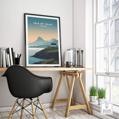 Isle of Islay Scotland Travel Poster displayed in a modern office setting with books and plants.