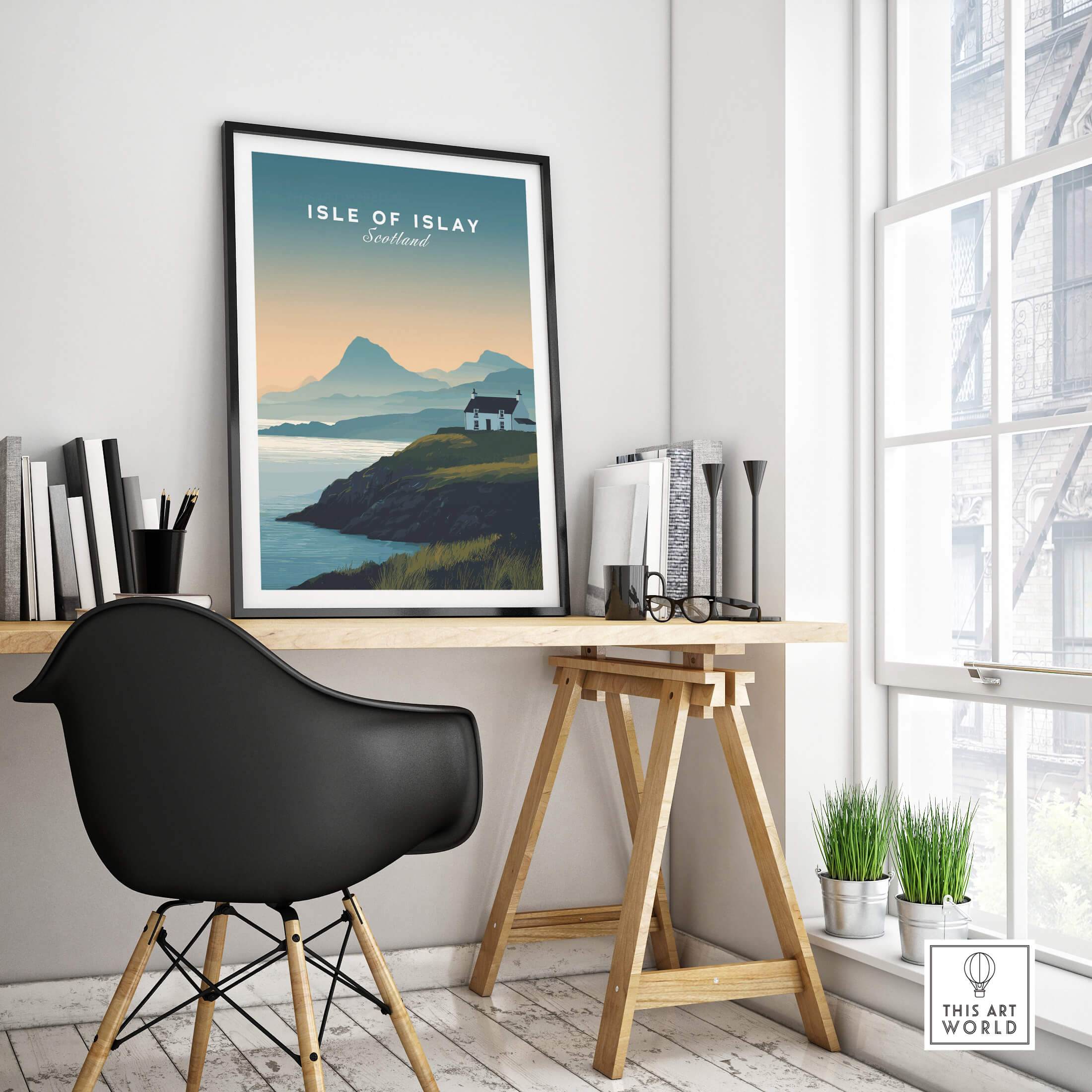 Isle of Islay Scotland Travel Poster displayed in a modern office setting with books and plants.