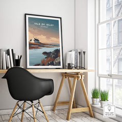 Isle of Islay Scotland Travel Posters | Scenic Coastal Cottage Wall Art Print in stylish home office setting.
