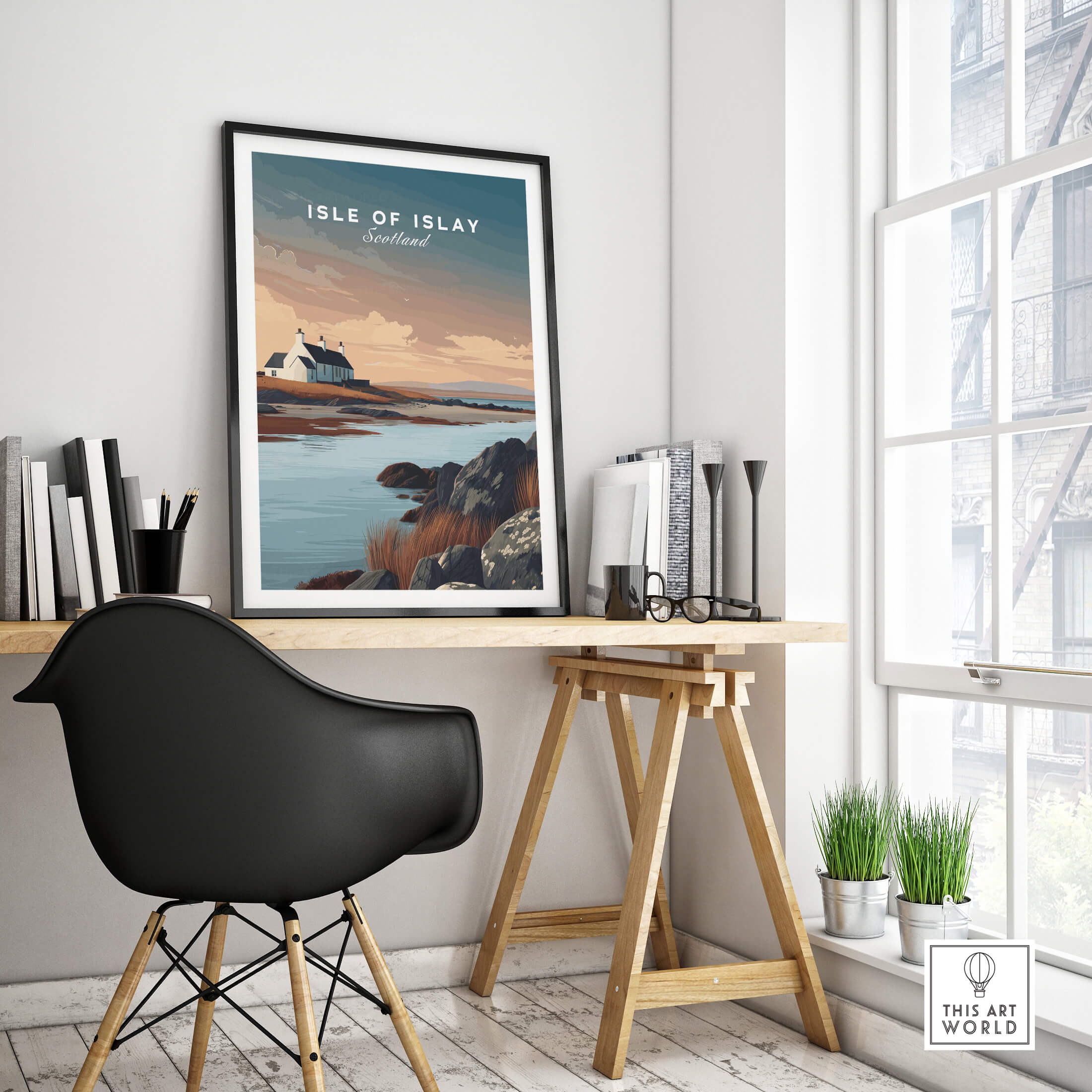 Isle of Islay Scotland Travel Posters | Scenic Coastal Cottage Wall Art Print in stylish home office setting.