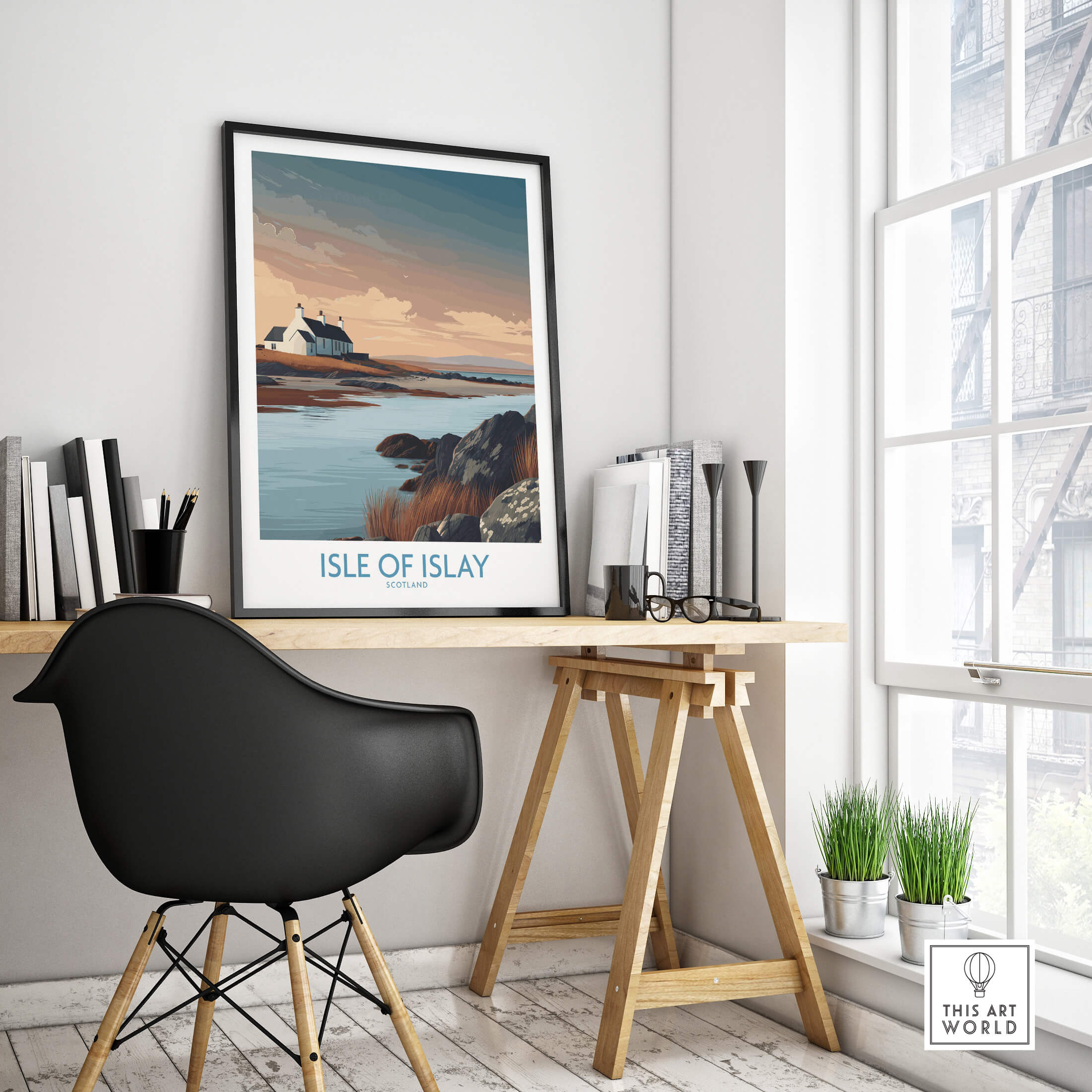 Isle of Islay Scotland Canvas Print | Hebrides Sunset Landscape Posters displayed in a modern workspace with a desk and chair.