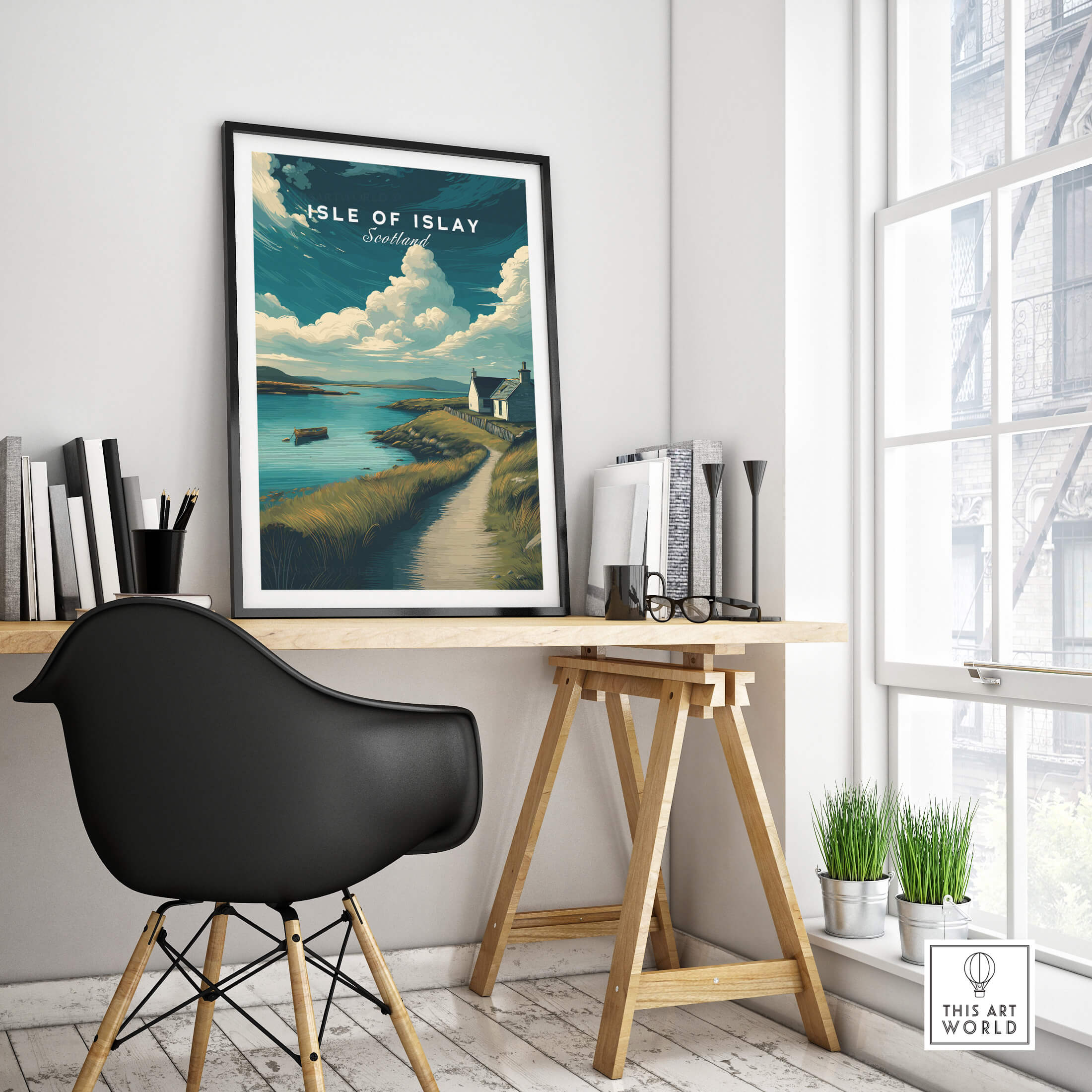 Isle of Islay Scotland Wall Art Print | Coastal Path Travel Poster displayed in a modern interior setting with a desk.
