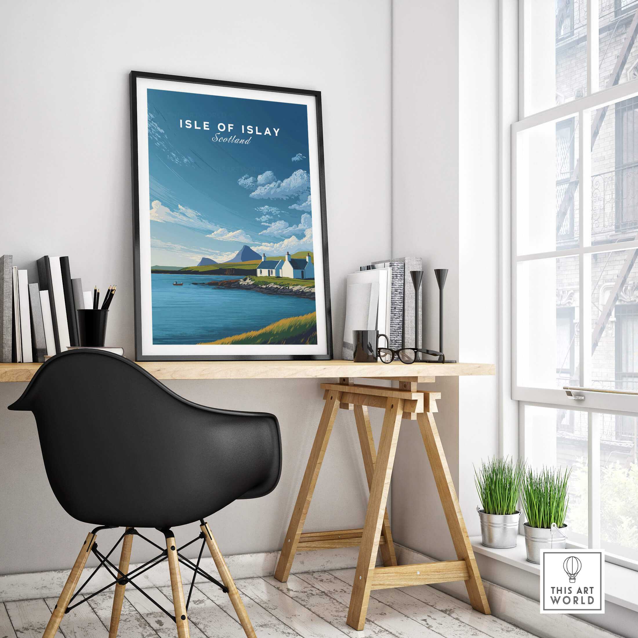 Isle of Islay Scotland Travel Posters | Sunny Coastal Wall Art Print in a modern interior space.