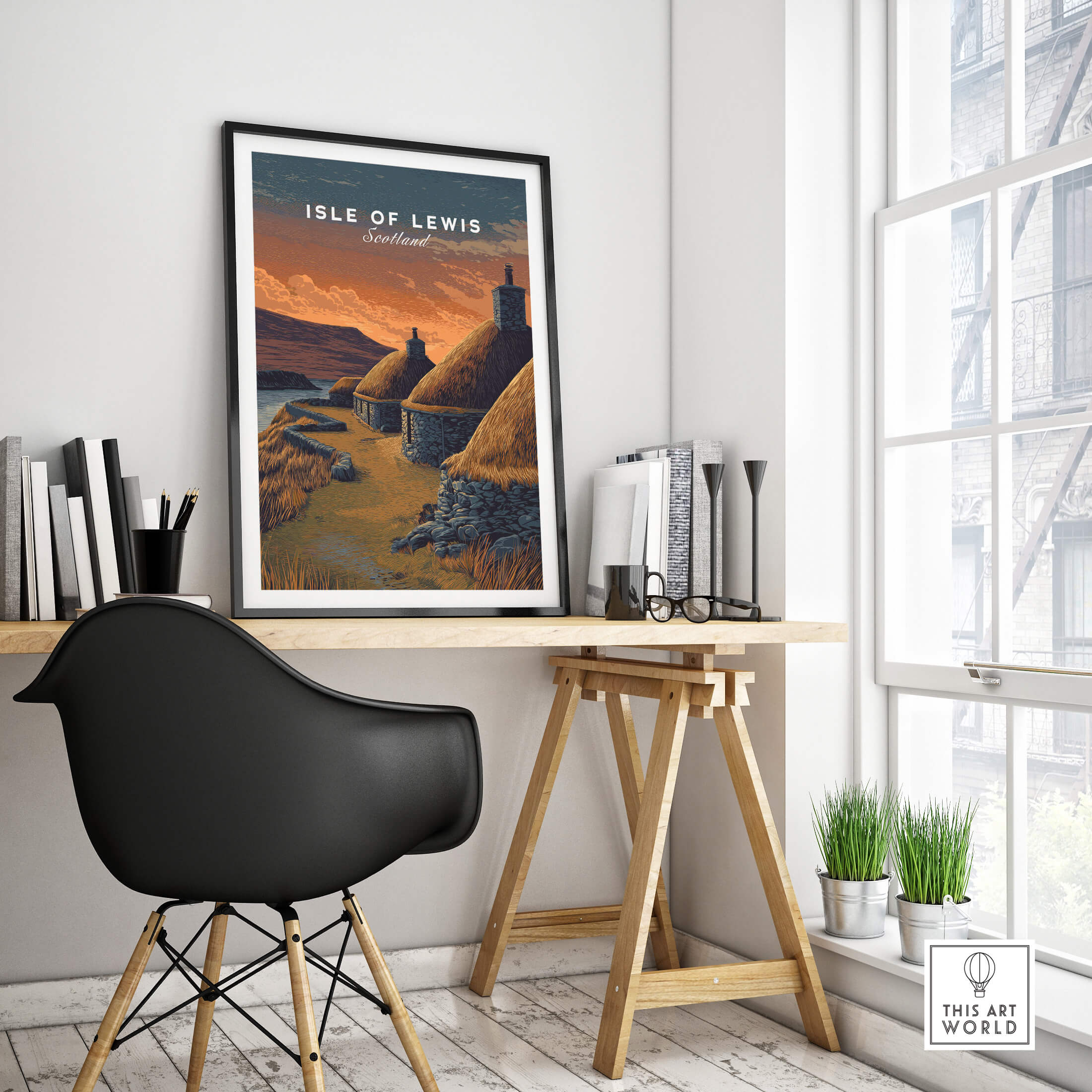 Isle of Lewis Scotland Travel Poster | Blackhouse Village Wall Art Print displayed in a modern room with a stylish desk.