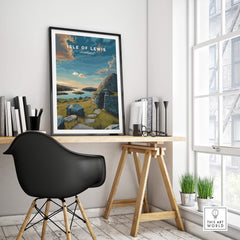 Isle of Lewis Scotland Travel Poster | Gearrannan Blackhouse Wall Art Print displayed in a modern home office setting.