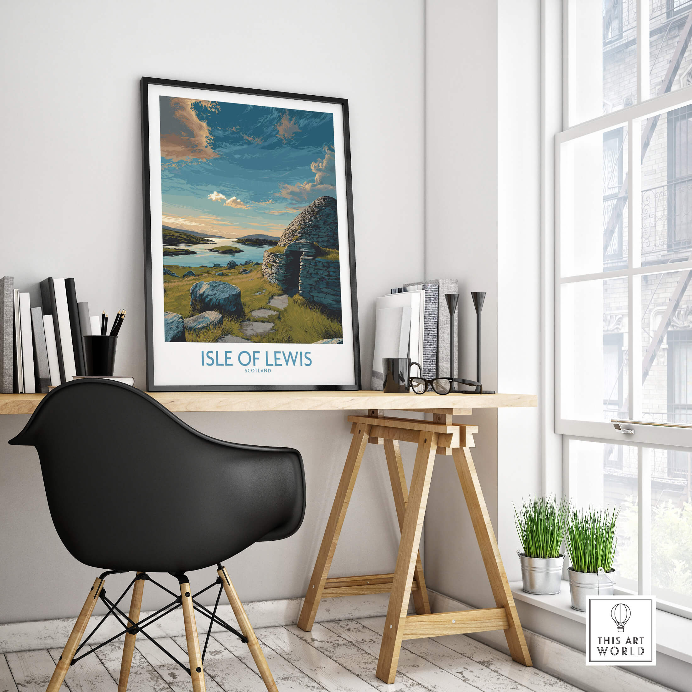 Isle of Lewis Scotland Canvas Print | Outer Hebrides Landscape Poster showcased in a modern office setting.