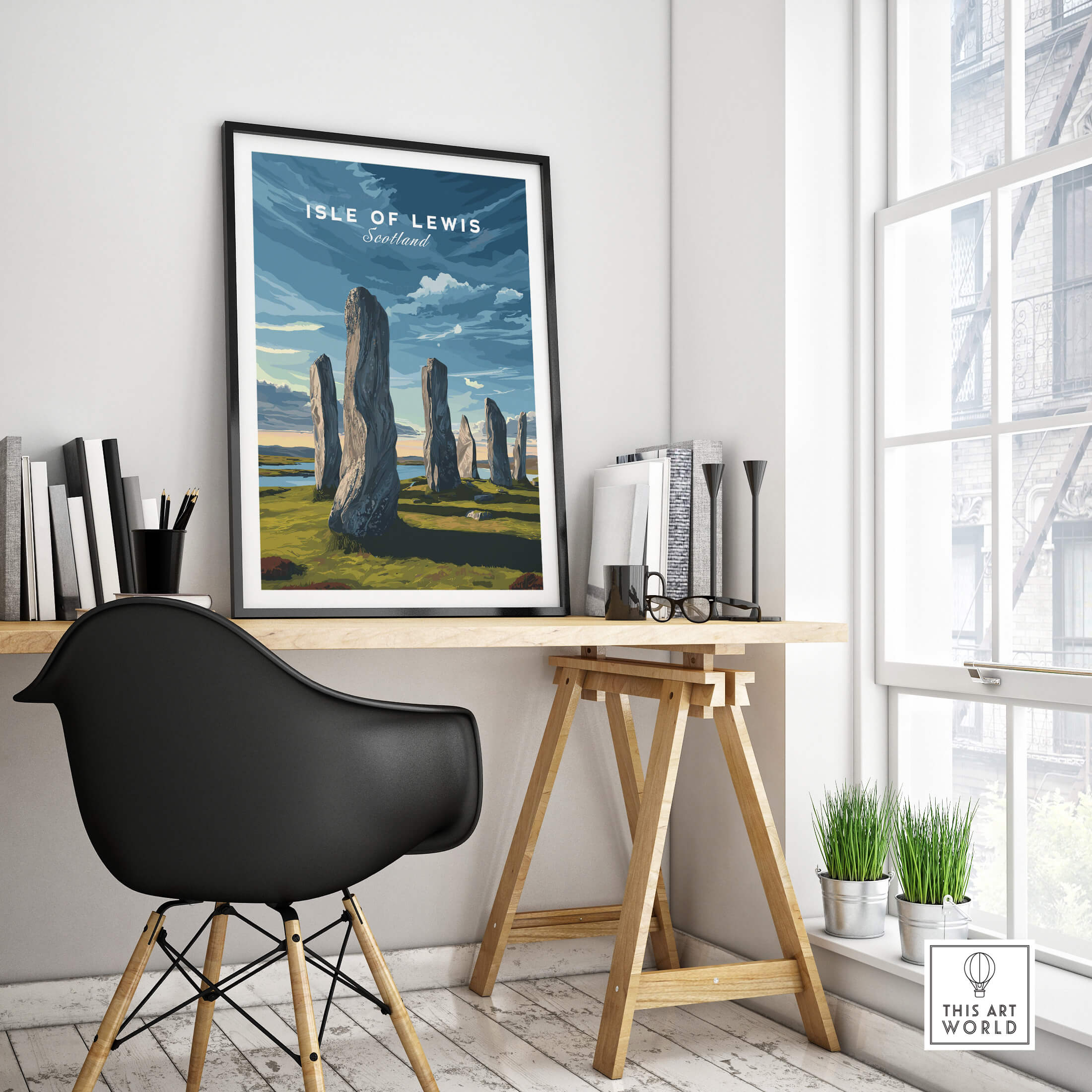 Isle of Lewis Scotland Wall Art Print | Callanish Standing Stones Travel Poster displayed in a modern home office.