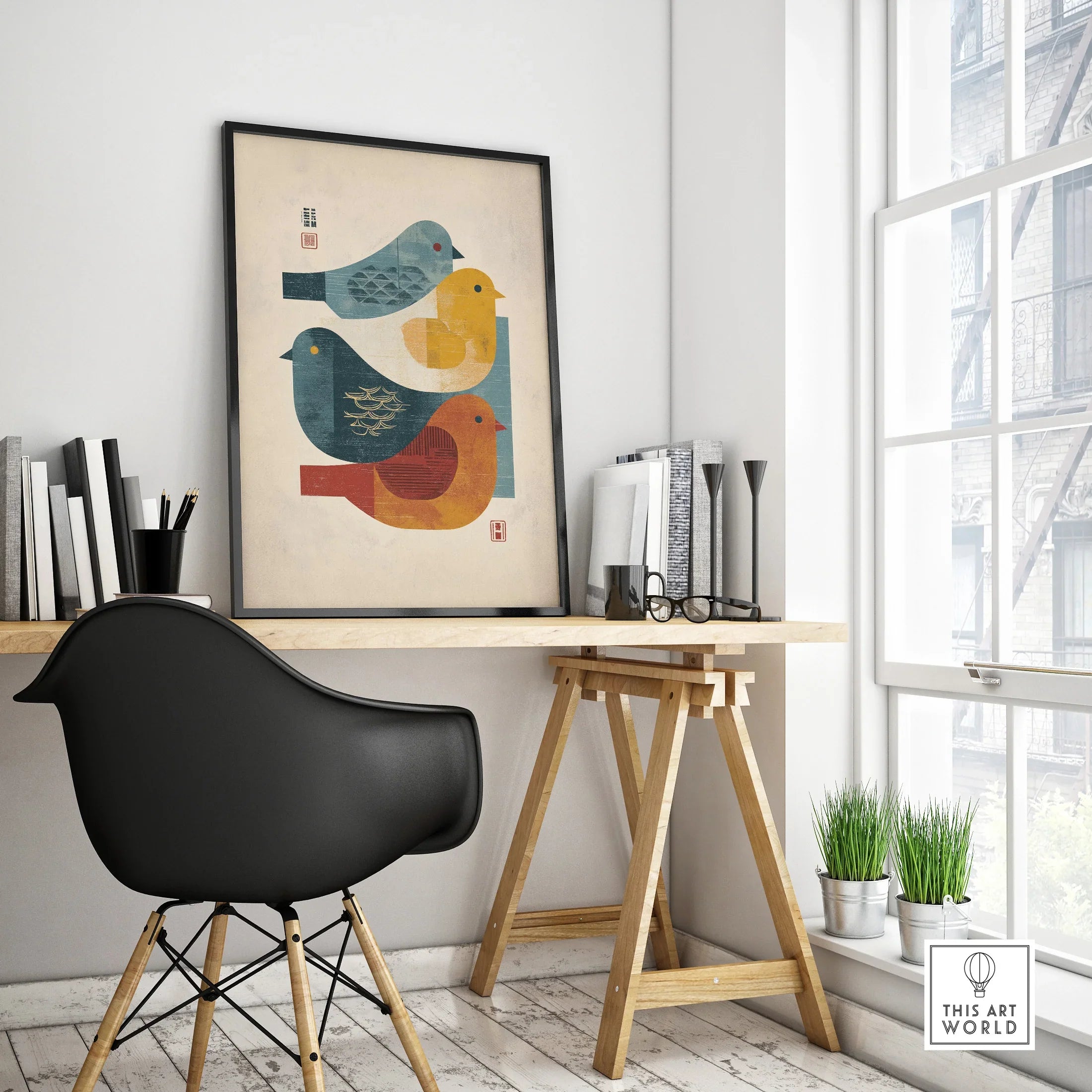 Modern Japanese bird art poster with black frame on office desk, minimalist decor