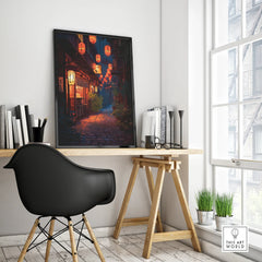 Framed modern Japan street art print with lanterns on a minimalist office desk