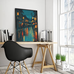 Modern office desk with framed Japan street art print, black chair, city wall decor