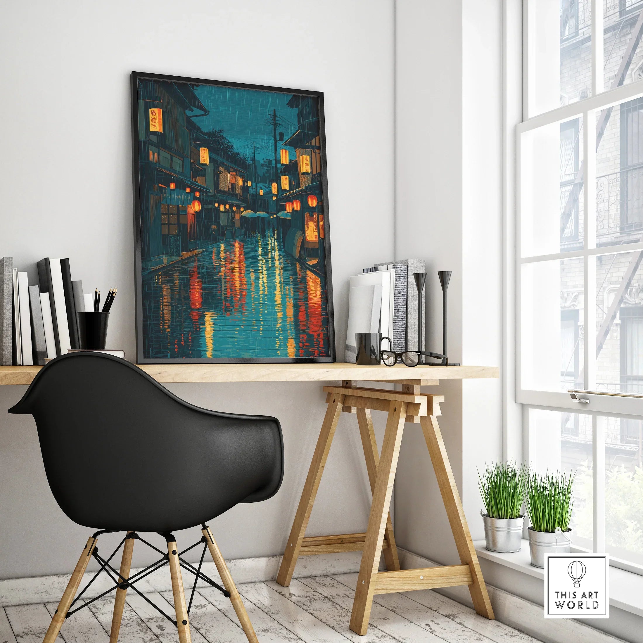 Modern office desk with framed Japan street art print, black chair, city wall decor