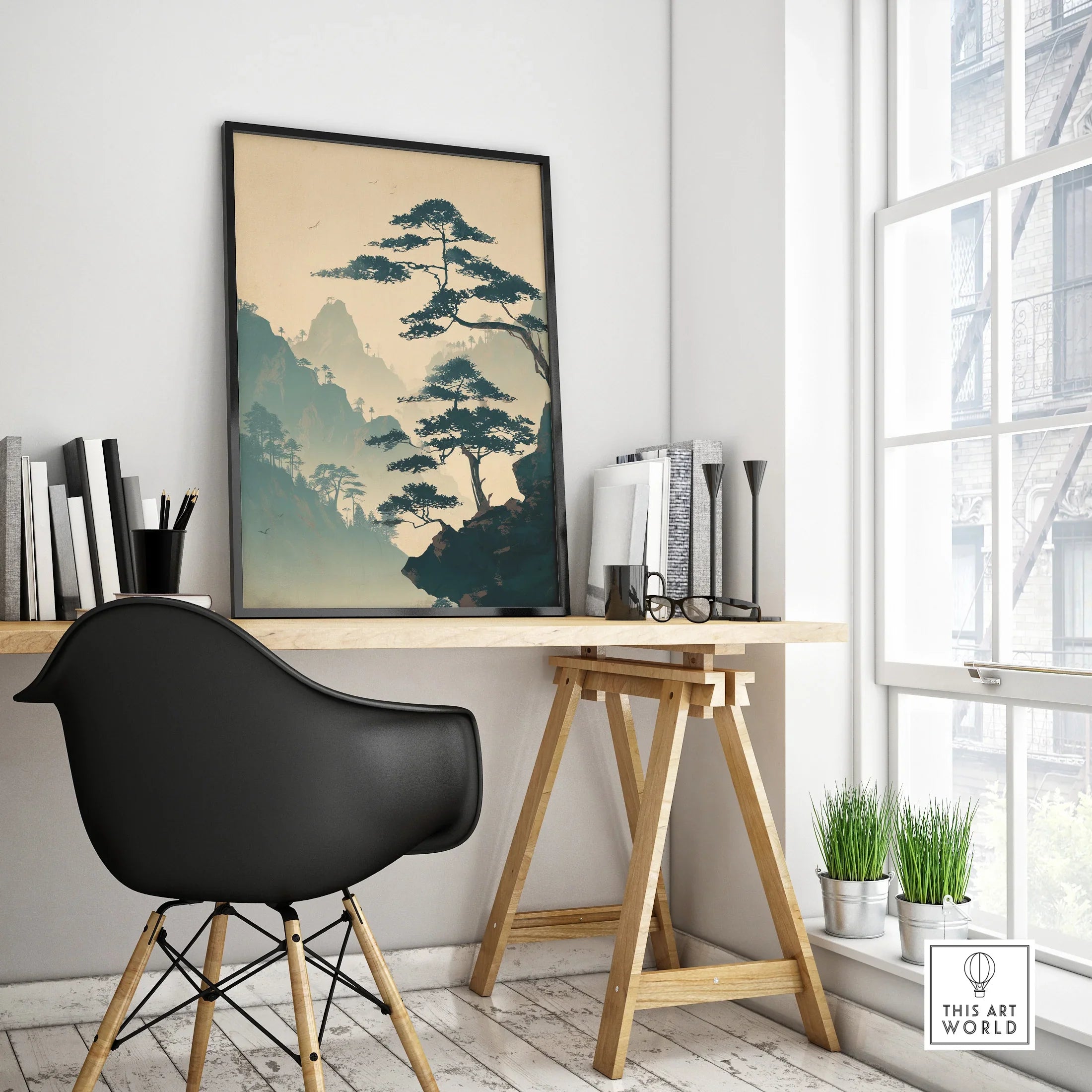 Framed Japanese woodblock art poster on modern office desk with black chair