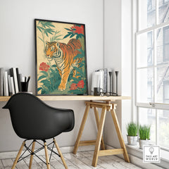 Framed Japanese tiger art print on modern office desk, home decor wall art