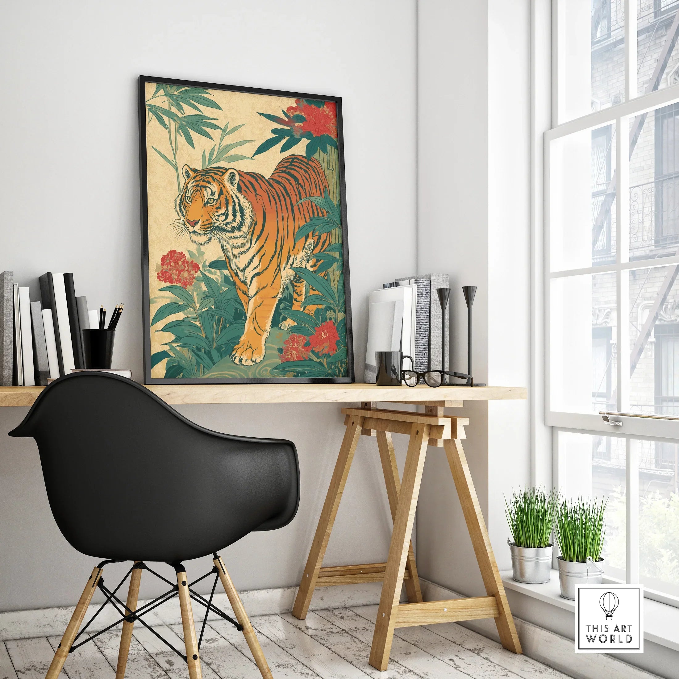 Framed Japanese tiger art print on modern office desk, home decor wall art