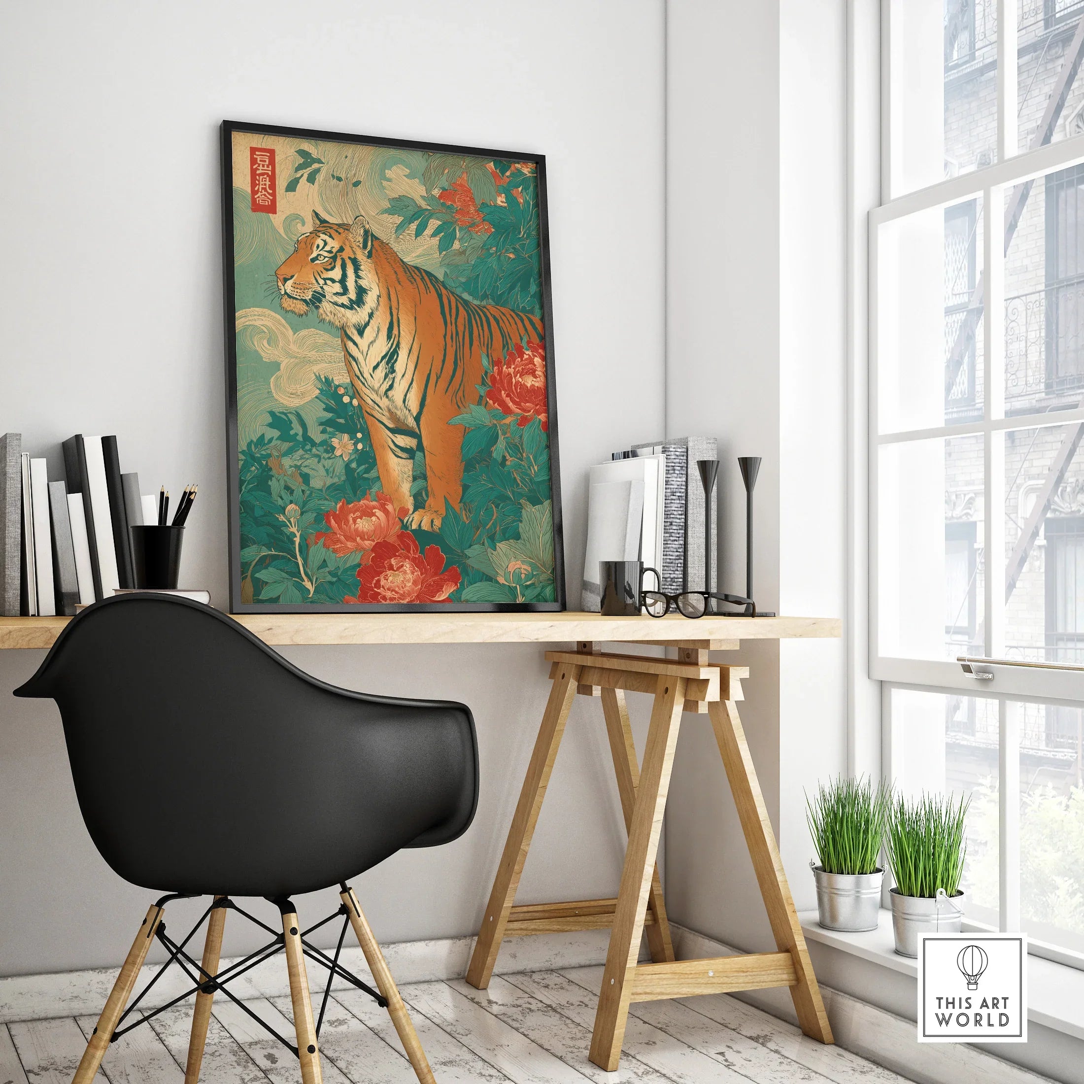 Framed modern Japanese tiger art poster on office desk, vibrant floral wall decor