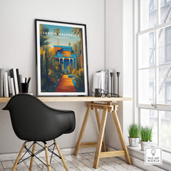 Jardim Majorelle Marrakesh Wall Art Print | Moroccan Blue Garden Travel Posters displayed in a modern interior.