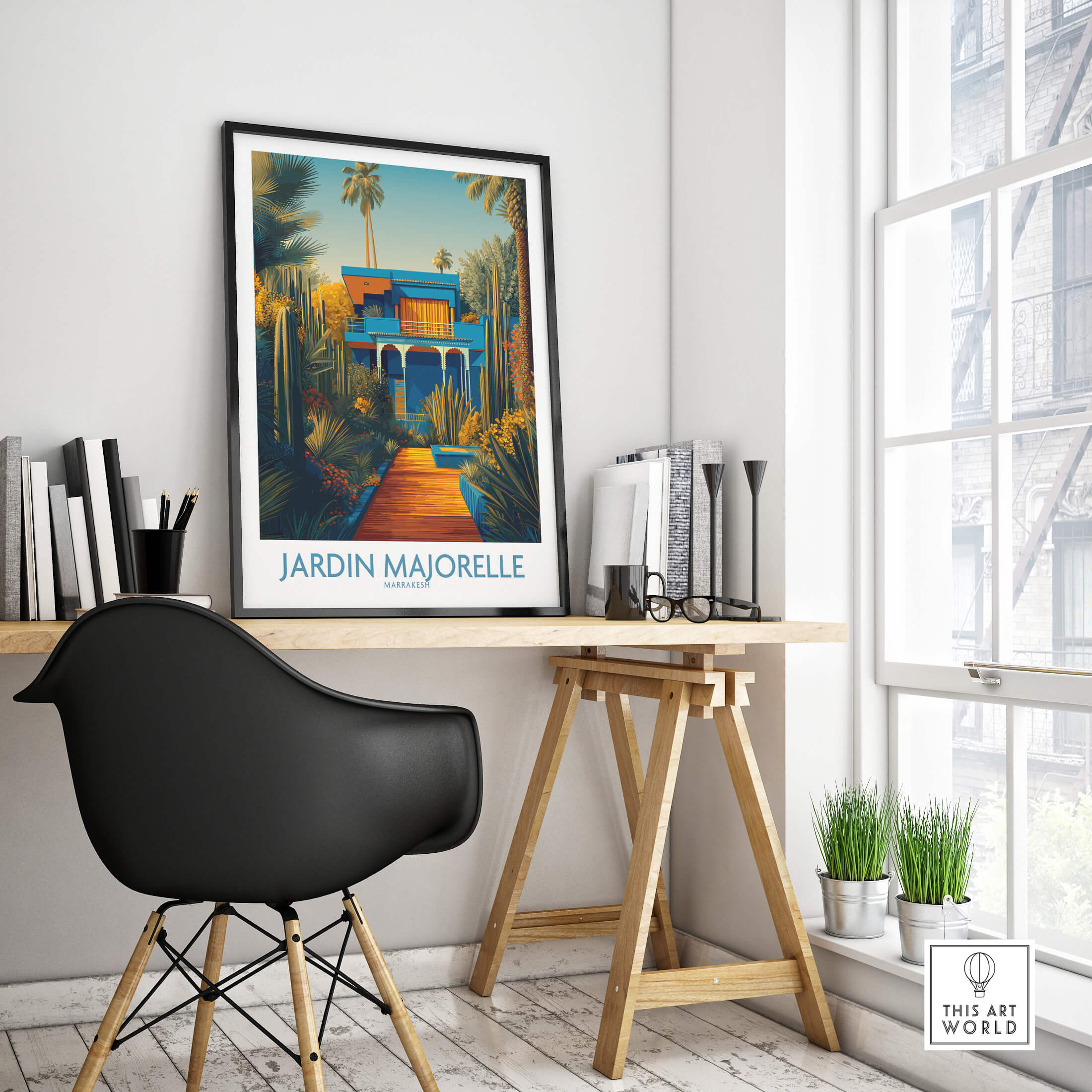 Jardim Majorelle Marrakesh Posters | Vibrant Architecture & Palms Canvas Print displayed in a modern office setting.