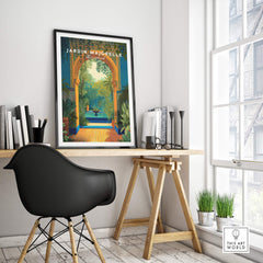 Jardim Majorelle Marrakesh Travel Posters | Moroccan Archway Garden Wall Art Print showcased in a modern interior setting.