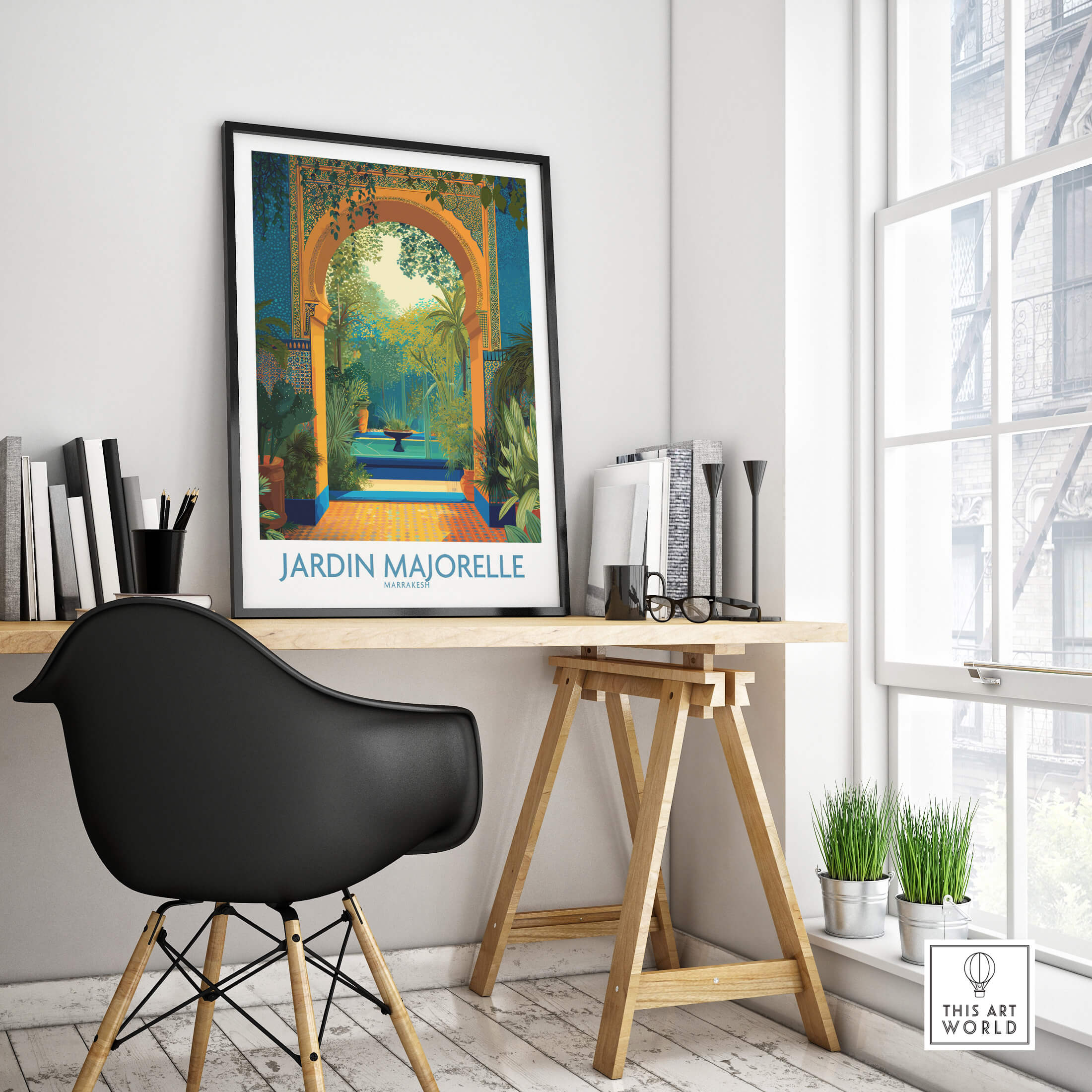 Jardim Majorelle Marrakesh Canvas Print | Tropical Oasis Landscape Poster displayed in a modern interior setup.