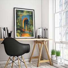 Jardim Majorelle Marrakesh Wall Art Print | Botanical Moroccan Villa Travel Poster displayed in a stylish indoor workspace.