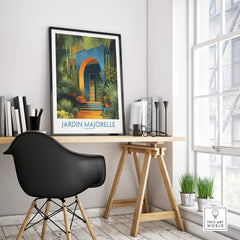 Stylish workspace featuring Jardim Majorelle Marrakesh Posters | Canvas Print on wall above a wooden desk.