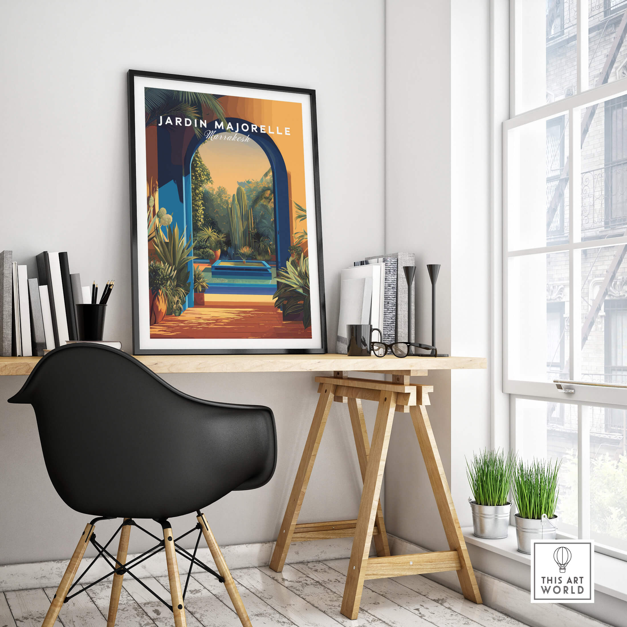 Jardim Majorelle Marrakesh Travel Posters | Garden Fountain Scene Wall Art Print displayed in a modern workspace.
