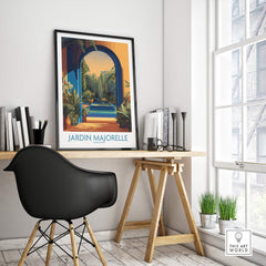 Jardim Majorelle Marrakesh Canvas Print | Exotic Plant & Architecture Posters displayed in a modern interior with a black chair.