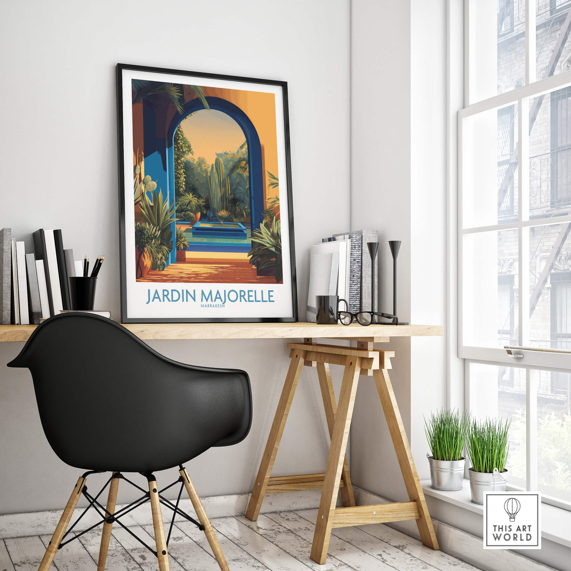 Jardim Majorelle Marrakesh Canvas Print | Exotic Plant & Architecture Posters displayed in a modern interior with a black chair.