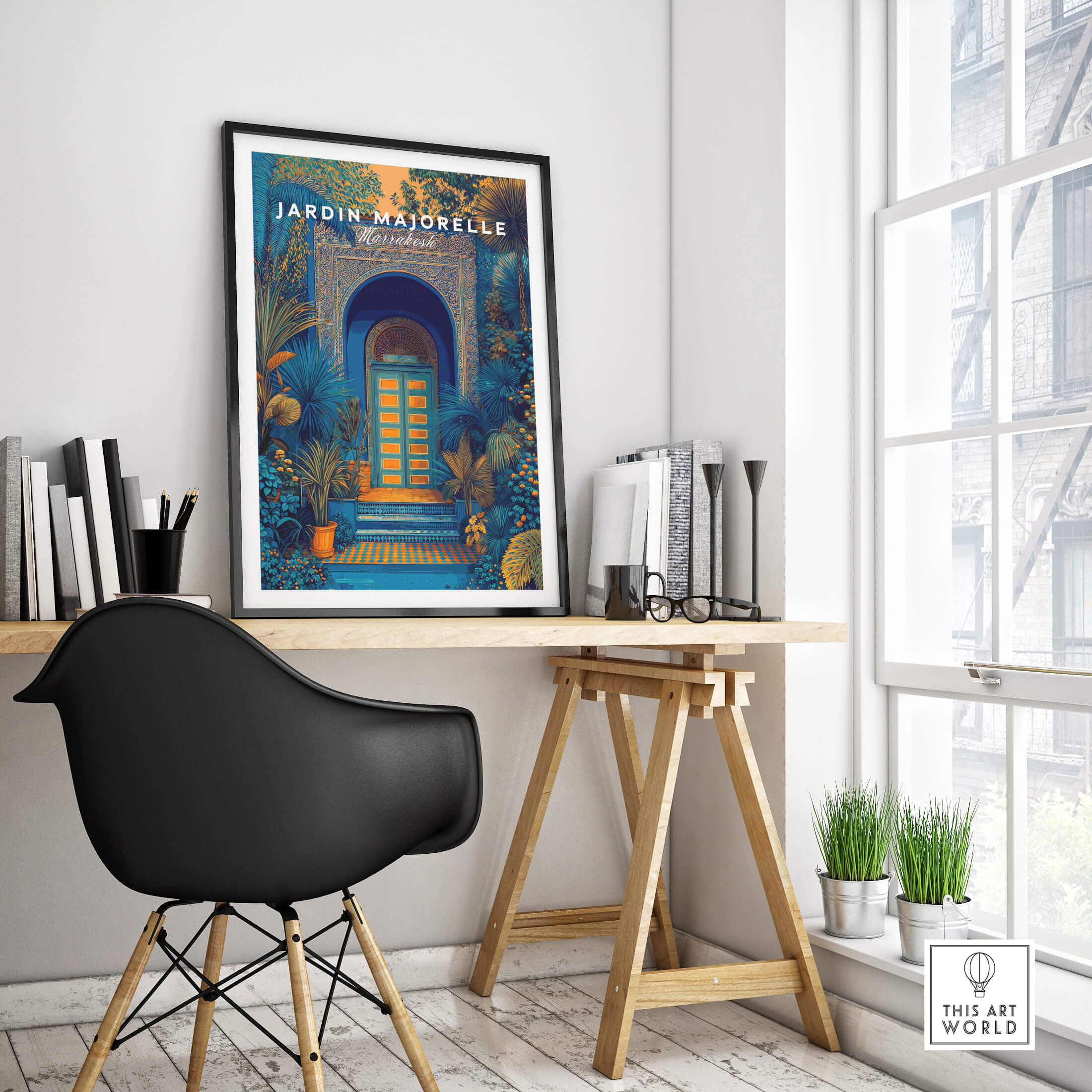 Jardim Majorelle Marrakesh Wall Art Print | Ornate Moroccan Doorway Travel Posters framed in a modern interior setting.