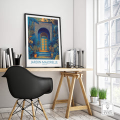Jardim Majorelle Marrakesh Posters | Detailed Blue Architecture Canvas Print displayed in a stylish interior setting.