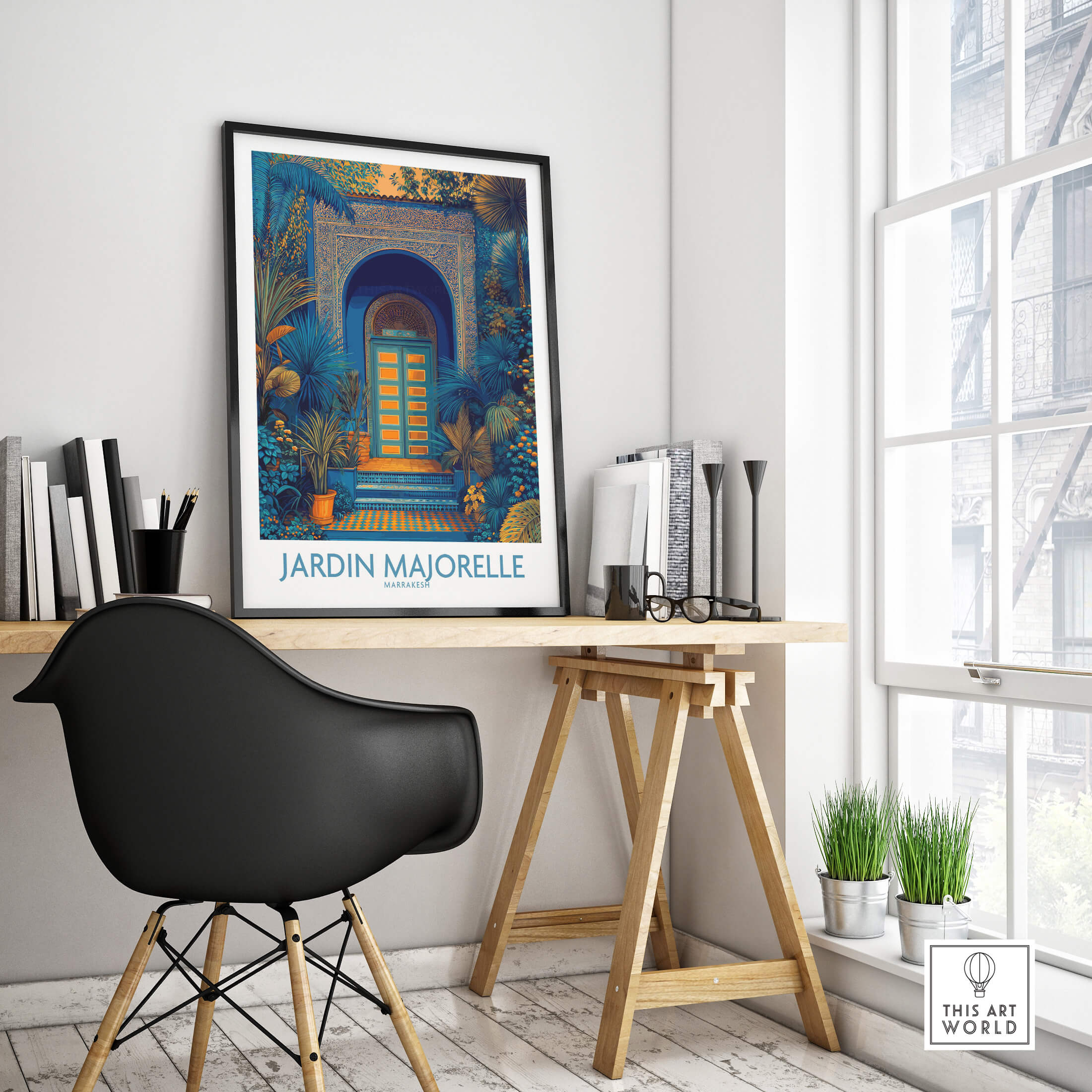 Jardim Majorelle Marrakesh Posters | Detailed Blue Architecture Canvas Print displayed in a stylish interior setting.