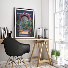 Jardim Majorelle Marrakesh Travel Poster | Lush Tropical Garden Wall Art Print displayed in a modern workspace.