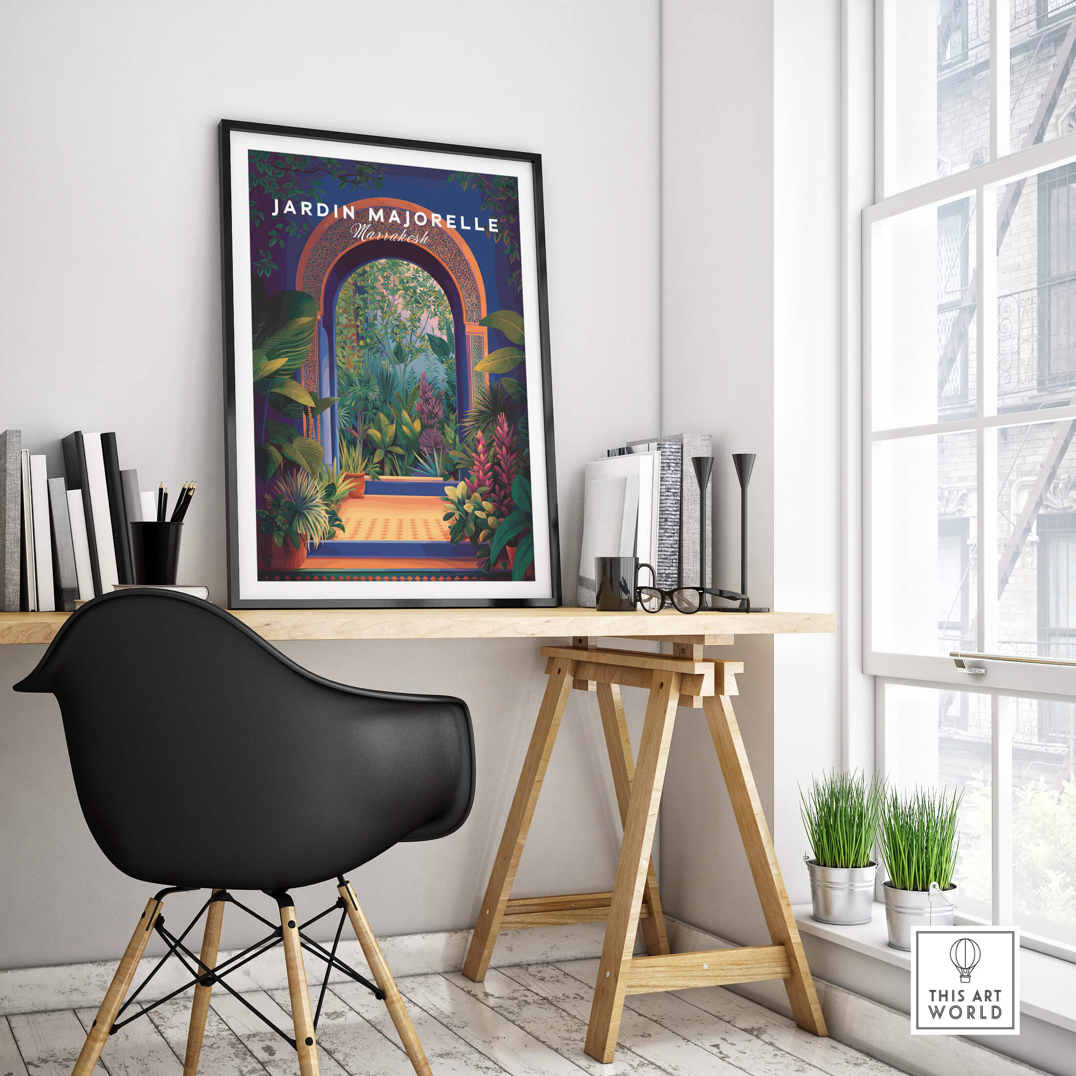 Jardim Majorelle Marrakesh Travel Poster | Lush Tropical Garden Wall Art Print displayed in a modern workspace.