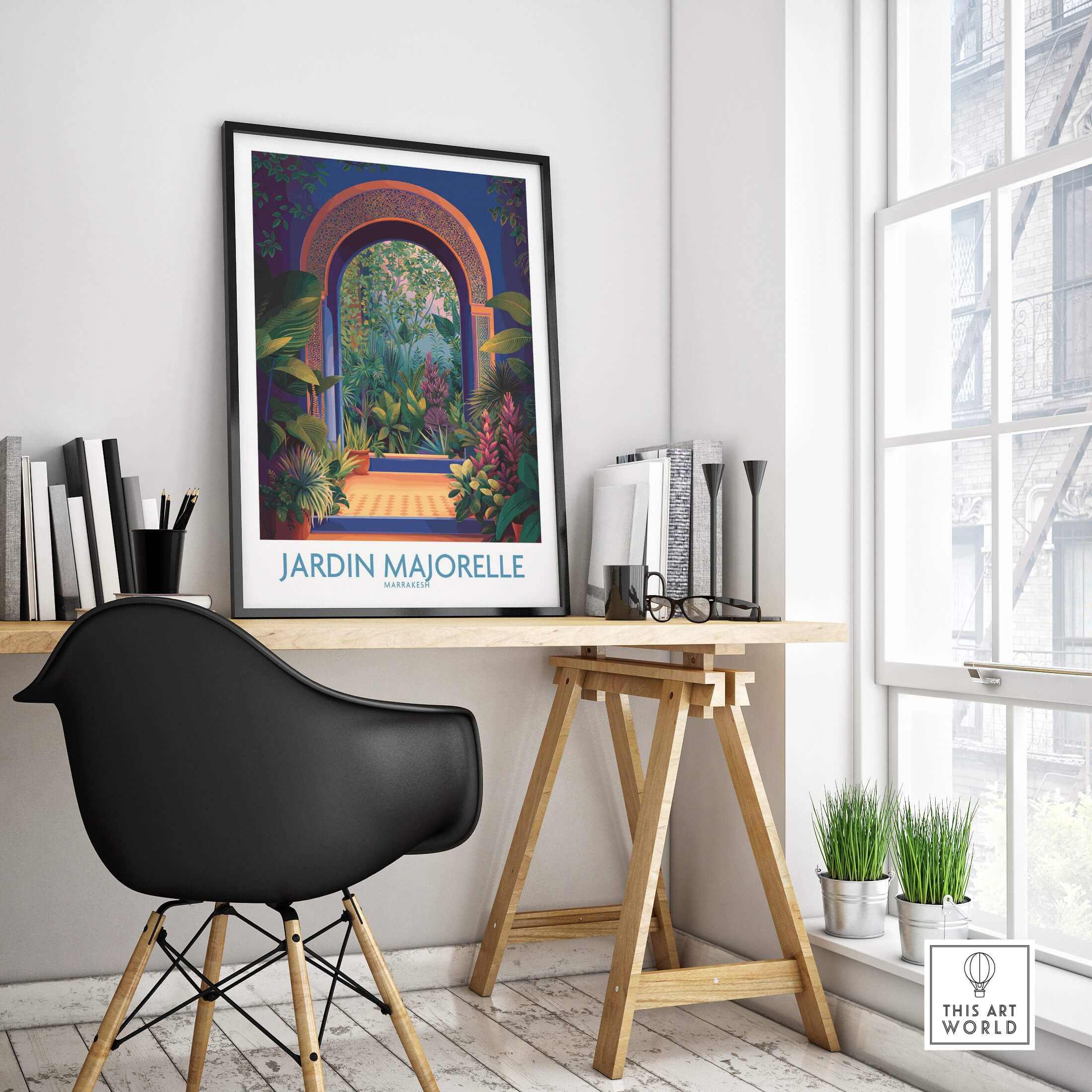 Jardim Majorelle Marrakesh Canvas Print | Colorful Moroccan Landscape Poster displayed in a modern workspace.